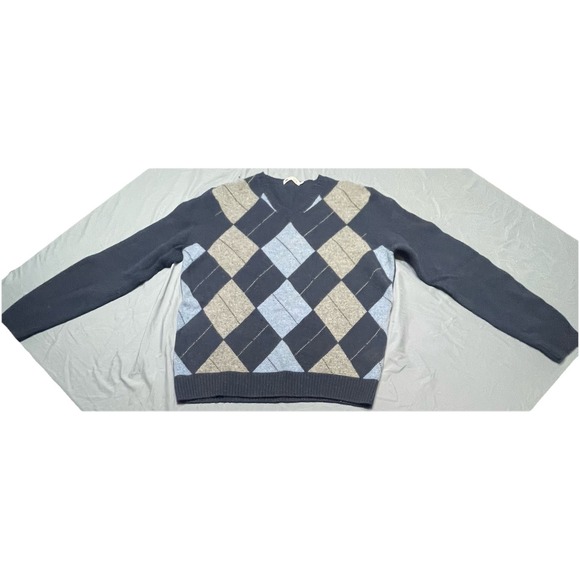 Other - J. Crew 100% LambsWool Sweater Men's Large Blue Gray Argyle‎ V-Neck Pullover